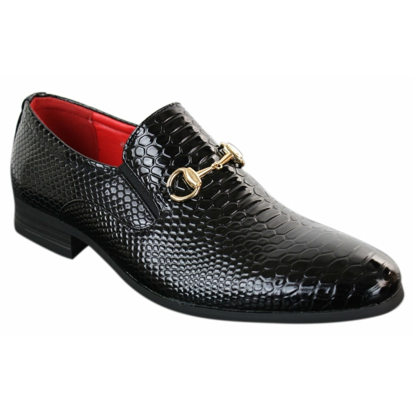 Patron 80058 Mens Black Patent Shiny Slip On PU Snake Crocodile Leather Shoes Gold Buckle