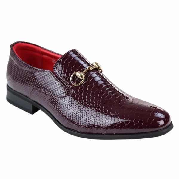 Mens PU Leather Snakeskin Patent Shoes - Wine