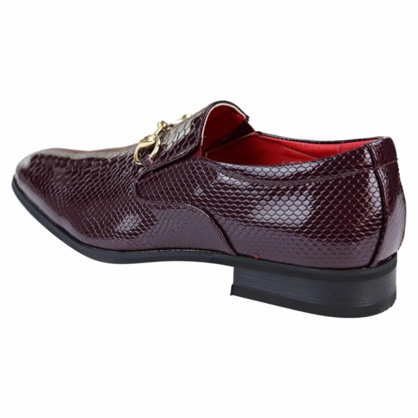 Mens PU Leather Snakeskin Patent Shoes - Wine