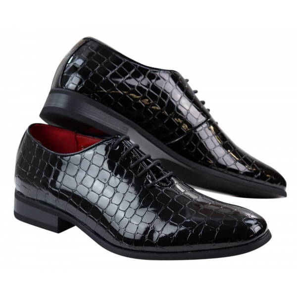 Mens Patent Black Crocodile Style PU Leather Shoes