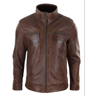 Real Leather Mens High Collar Jacket - Brown