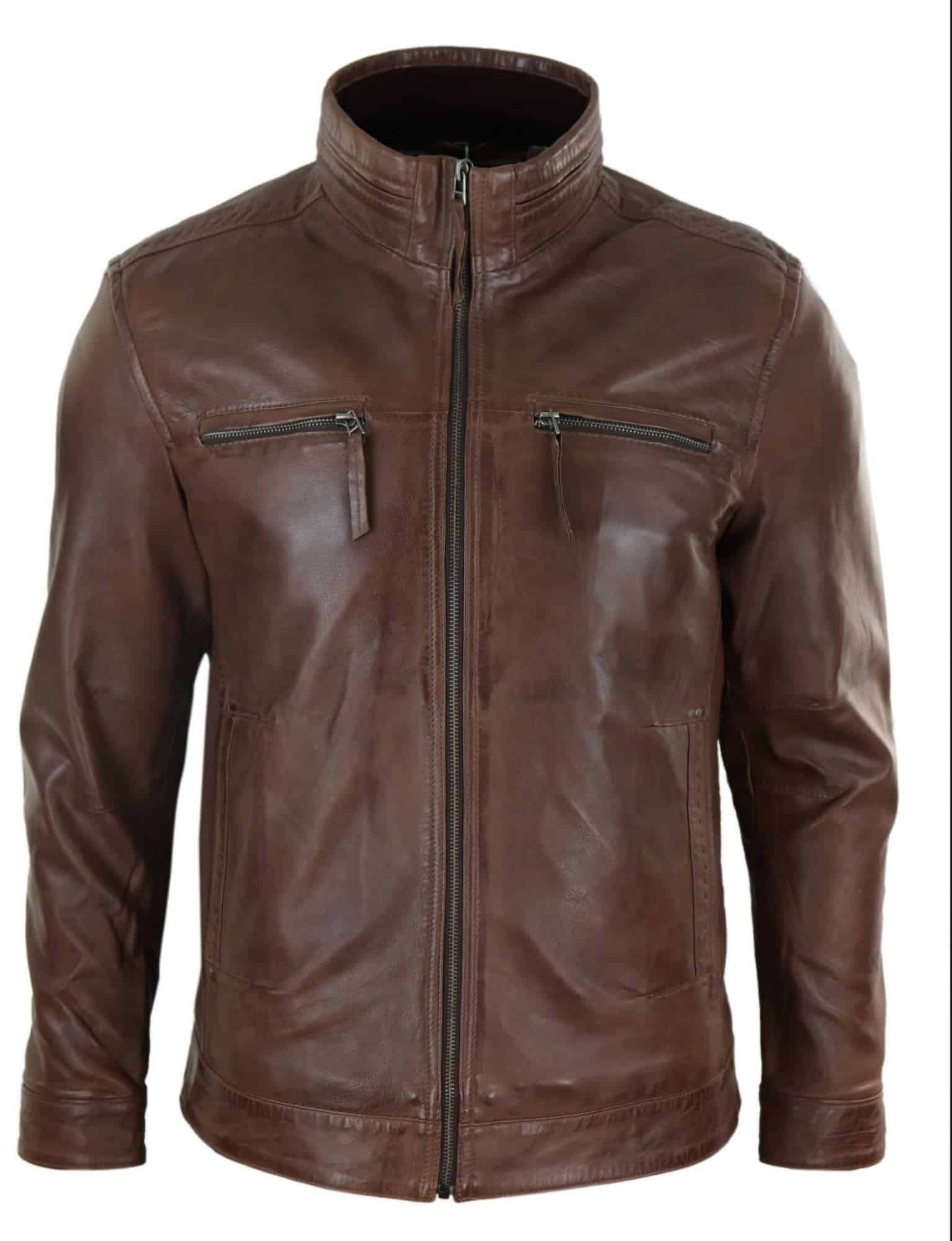 Real Leather Mens High Collar Jacket - Brown