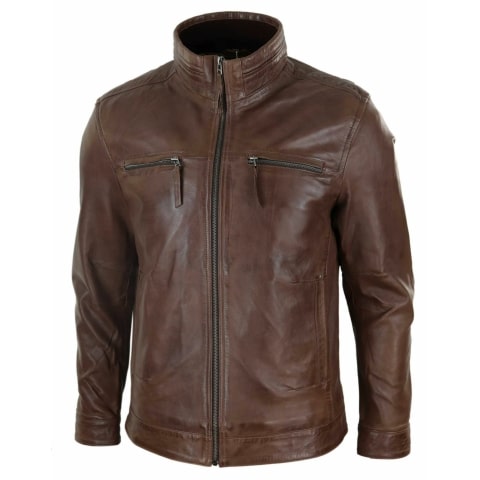 Real Leather Mens High Collar Jacket - Brown: Buy Online - Happy Gentleman