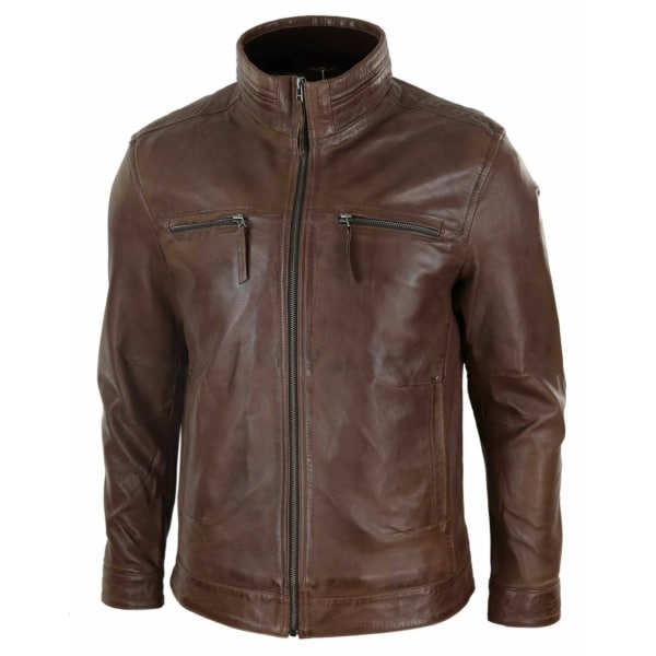 Real Leather Mens High Collar Jacket - Brown: Buy Online - Happy Gentleman
