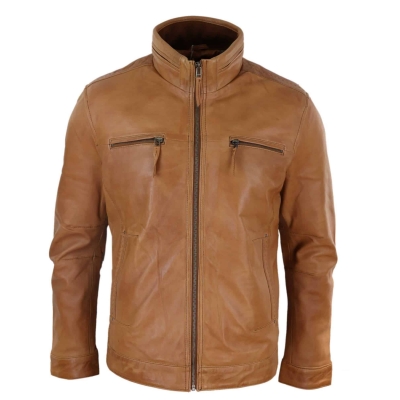 Real Leather Mens High Collar Jacket - Tan