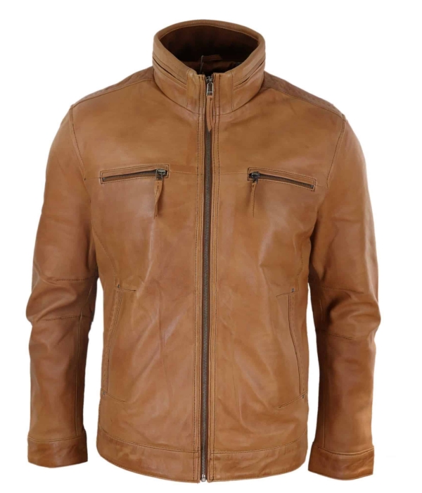 Real Leather Mens High Collar Jacket - Tan