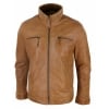 Real Leather Mens High Collar Jacket - Tan