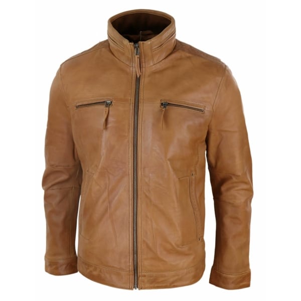 Real Leather Mens High Collar Jacket - Tan