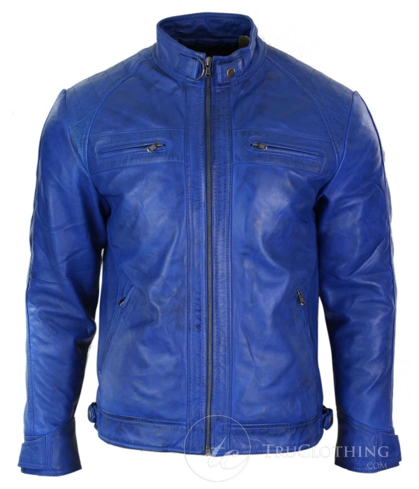 Aviatrix Real Leather Mens Retro Style Zipped Biker Jacket Soft Black Casual-Blue