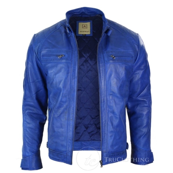 Aviatrix Real Leather Mens Retro Style Zipped Biker Jacket Soft Black Casual-Blue