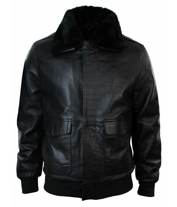 Mens Real Fur Collar Leather Bomber Pilot Flying Jacket Black Brown-Black