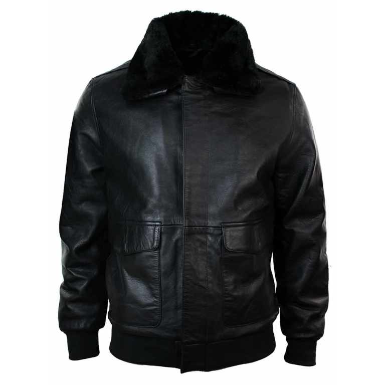 Mens Real Fur Collar Leather Bomber Pilot Flying Jacket Black Brown ...