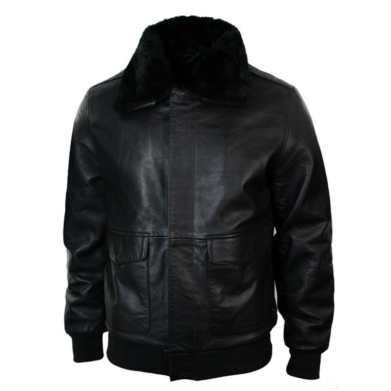 Mens Real Fur Collar Leather Bomber Pilot Flying Jacket Black Brown ...