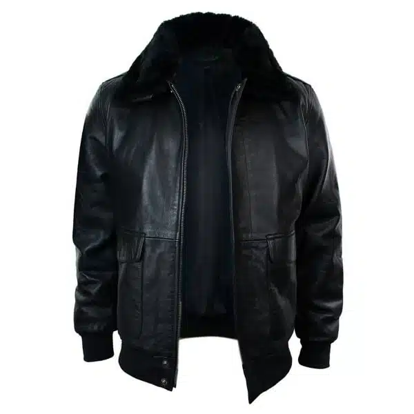 Mens Real Fur Collar Leather Bomber Pilot Flying Jacket Black Brown-Black
