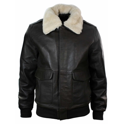 Mens Real Fur Collar Leather Bomber Pilot Flying Jacket Black Brown-Brown