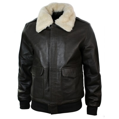 Mens Real Fur Collar Leather Bomber Pilot Flying Jacket Black Brown ...