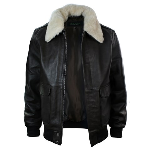 Mens Real Fur Collar Leather Bomber Pilot Flying Jacket Black Brown ...