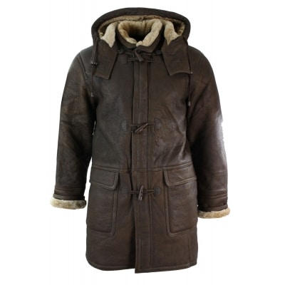 Mens Winter Real Sheepskin Leather Duffle Safari Jacket Brown & Cream Hood Vintage-B3 Brown Ginger