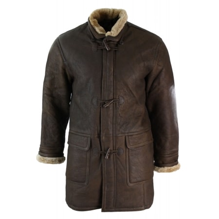 Mens Winter Real Sheepskin Leather Duffle Safari Jacket Brown & Cream ...