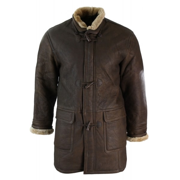 Mens Winter Real Sheepskin Leather Duffle Safari Jacket Brown & Cream Hood Vintage-B3 Brown Ginger