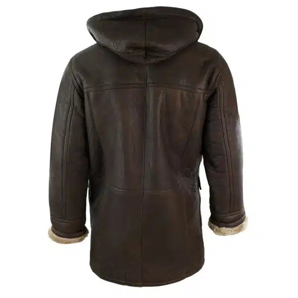 Mens Winter Real Sheepskin Leather Duffle Safari Jacket Brown & Cream Hood Vintage-B3 Brown Ginger