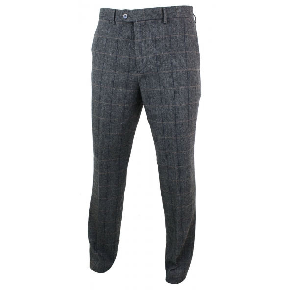 Mens Herringbone Tweed Check Trousers - Cavani Albert - Charcoal