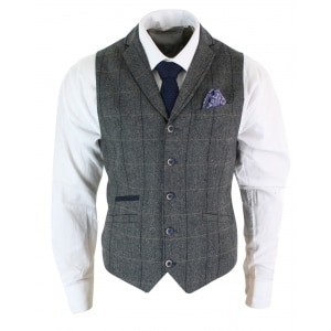 Cavani Albert – Mens Classic Tweed Herringbone Check Brown Grey Slim Fit Vintage Waistcoat Gilet-Charcoal
