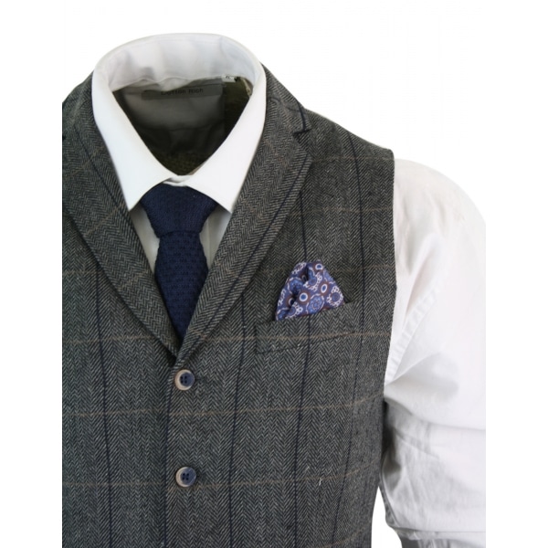 Cavani Albert - Mens Classic Tweed Herringbone Check Brown Grey Slim Fit Vintage Waistcoat Gilet-Charcoal