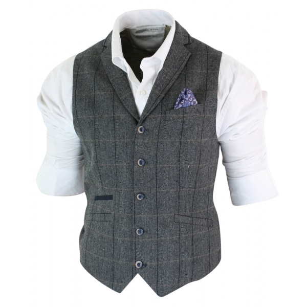 Cavani Albert - Mens Classic Tweed Herringbone Check Brown Grey Slim Fit Vintage Waistcoat Gilet-Charcoal