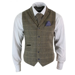 Cavani Albert – Mens Classic Tweed Herringbone Check Brown Grey Slim Fit Vintage Waistcoat Gilet-Tan