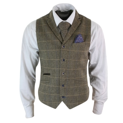 Cavani Albert - Mens Classic Tweed Herringbone Check Brown Grey Slim Fit Vintage Waistcoat Gilet-Tan