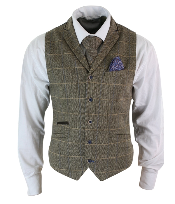 Cavani Albert - Mens Classic Tweed Herringbone Check Brown Grey Slim Fit Vintage Waistcoat Gilet-Tan