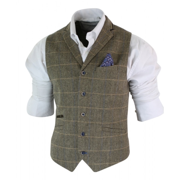 Cavani Albert - Mens Classic Tweed Herringbone Check Brown Grey Slim Fit Vintage Waistcoat Gilet-Tan