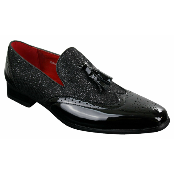 Mens Smart Party Shiny Tassle Shoes Red Silver Black Slip On Patent Leather