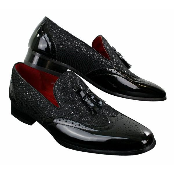 Mens Smart Party Shiny Tassle Shoes Red Silver Black Slip On Patent Leather