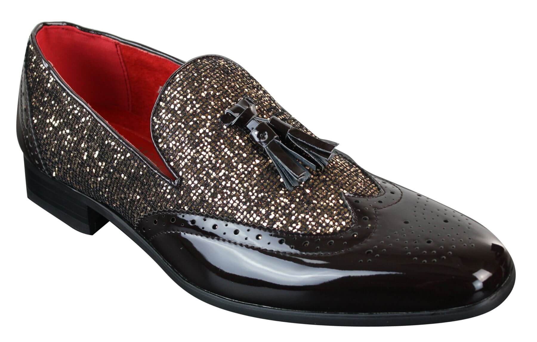 Mens Smart Party Shiny Tassle Shoes Red Silver Black Slip On Patent ...