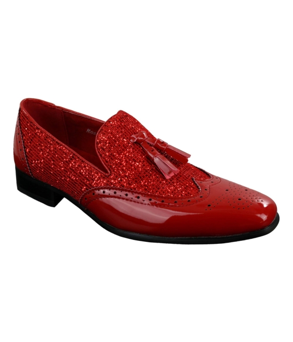 Mens Smart Party Shiny Tassle Shoes Red Silver Black Slip On Patent Leather