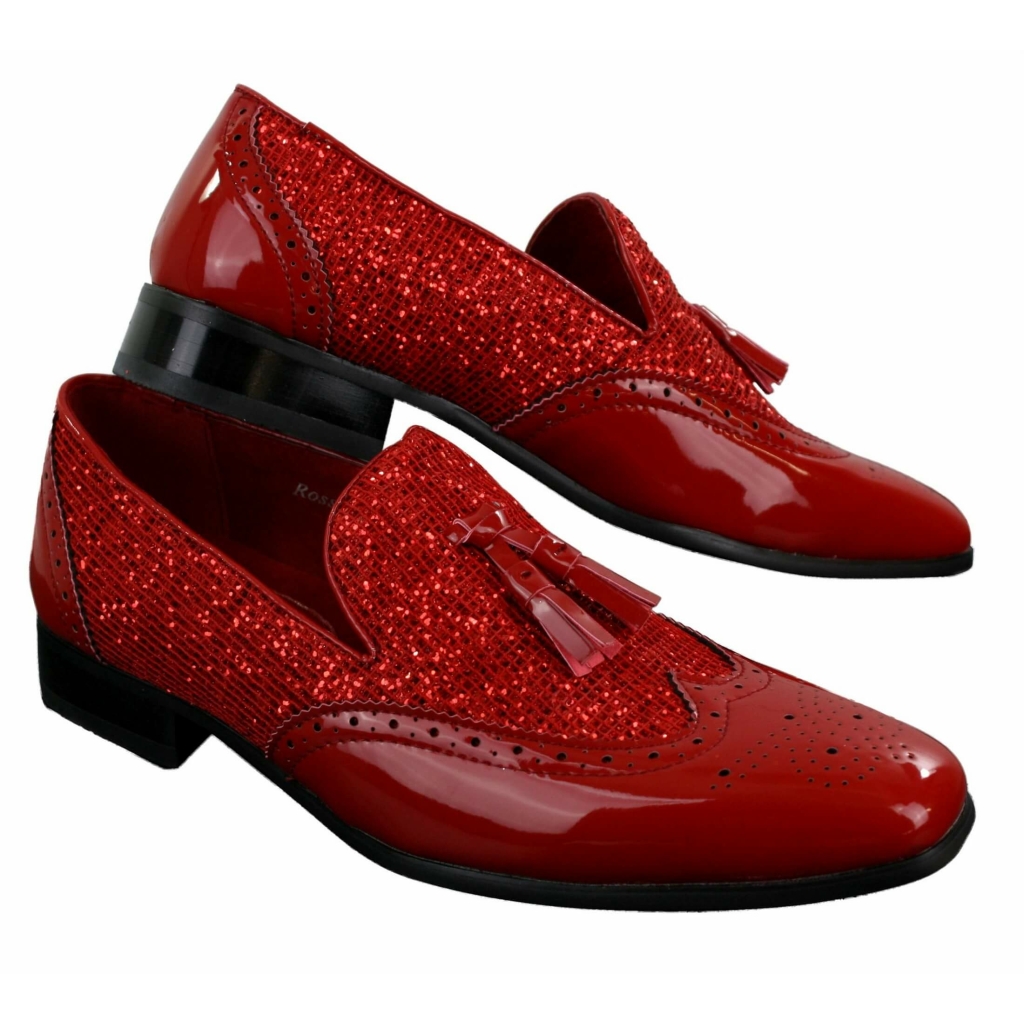 Mens Smart Party Shiny Tassle Shoes Red Silver Black Slip On Patent ...