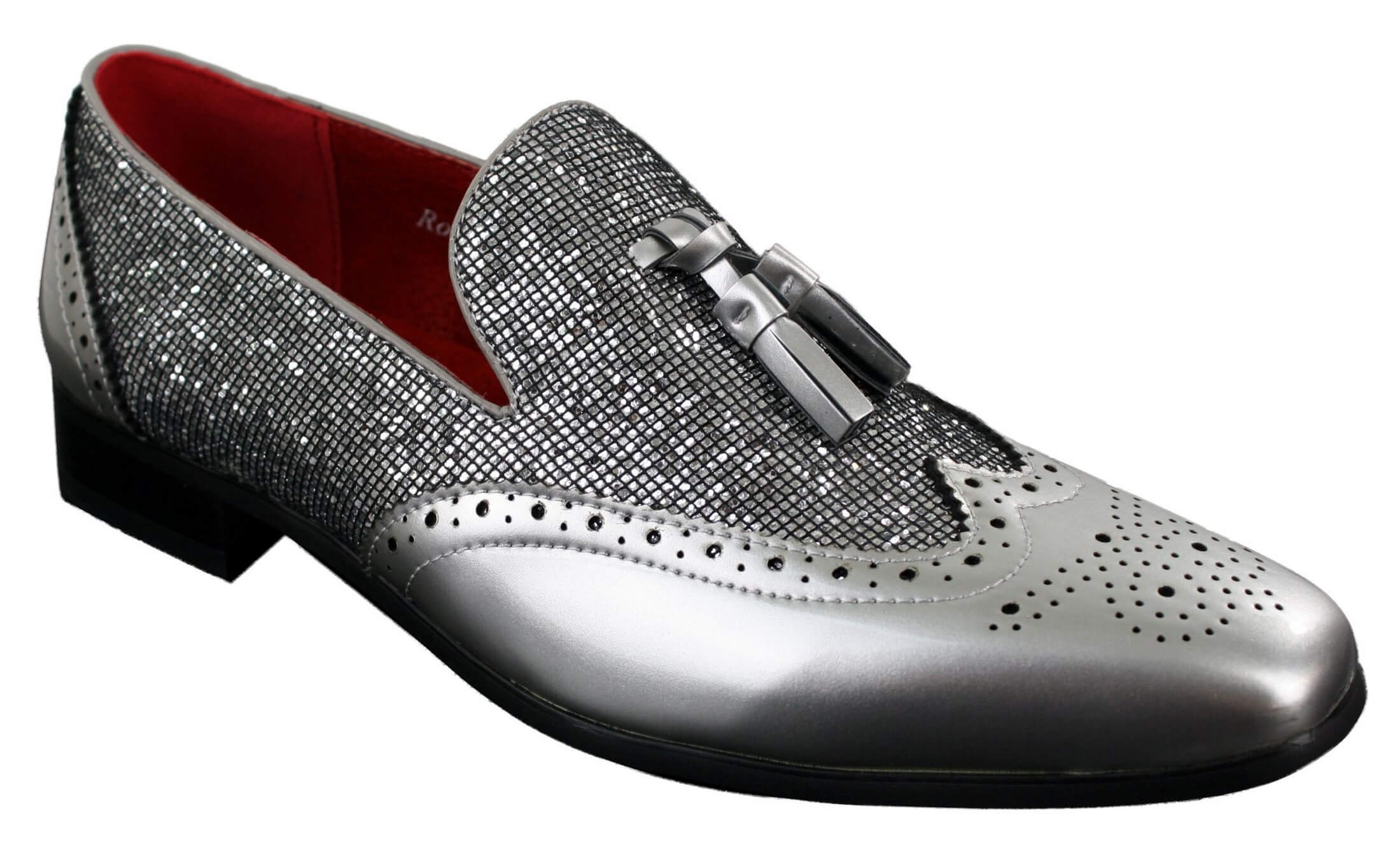 Mens Smart Party Shiny Tassle Shoes Red Silver Black Slip