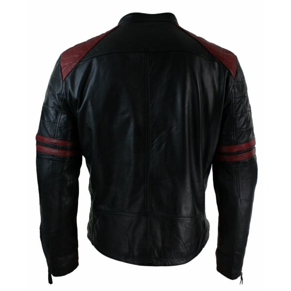 Real Leather Black Retro Cross Zip Mens Biker Racer Casual Fitted Badge Jacket