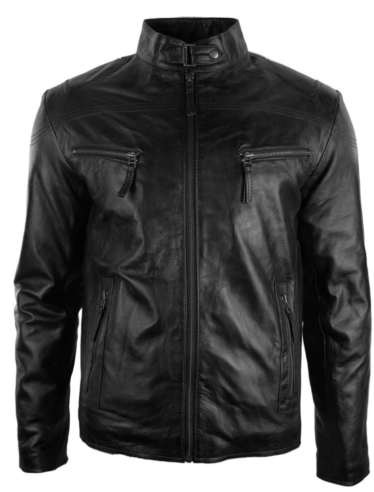 Mens Real Leather Jacket Biker Style Vintage Black Zipped Pockets ...