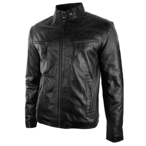 Mens Real Leather Jacket Biker Style Vintage Black Zipped Pockets Casual Fitted-Black