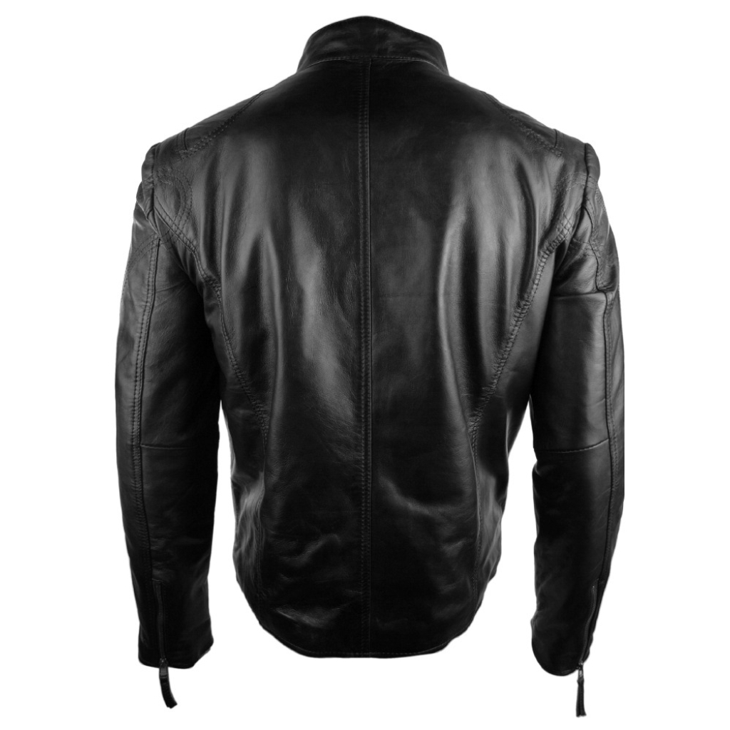 Mens Real Leather Jacket Biker Style Vintage Black Zipped Pockets Casual Fitted Black Buy 