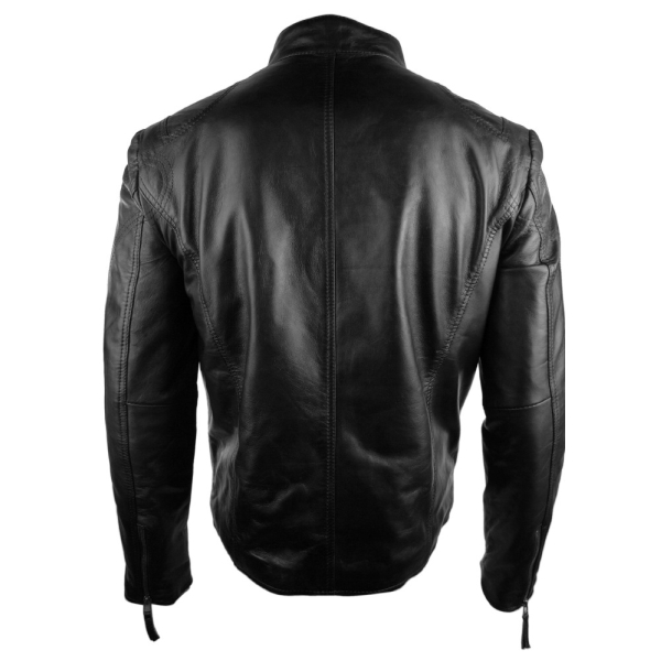 Mens Real Leather Jacket Biker Style Vintage Black Zipped Pockets Casual Fitted-Black