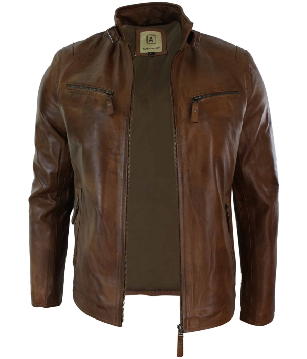 Real Leather Jacket Biker Style Vintage Black Zipped Pockets Casual Fitted for Men - Brown