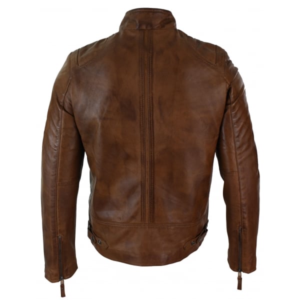 Echtes Leder Jacke Biker Style Vintage Schwarz Reißverschlusstaschen Casual Fitted für Männer - Braun
