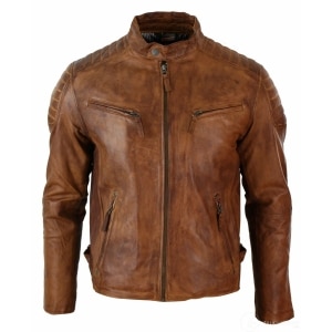 Real Washed Leather Slim Fit Retro Style Zipped Mens Biker Jacket Tan Brown Blue Urban-Nevada Timber