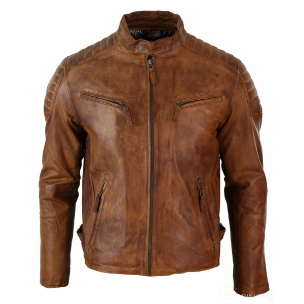 Real Washed Leather Slim Fit Retro Style Zipped Mens Biker Jacket Tan ...