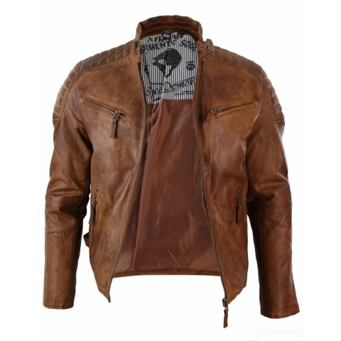 Real Washed Leather Slim Fit Retro Style Zipped Mens Biker Jacket Tan ...