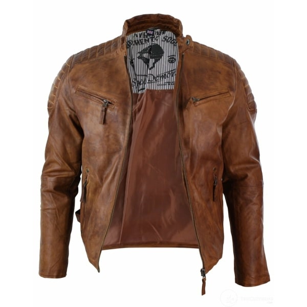Real Washed Leather Slim Fit Retro Style Zipped Mens Biker Jacket Tan Brown Blue Urban-Nevada Timber